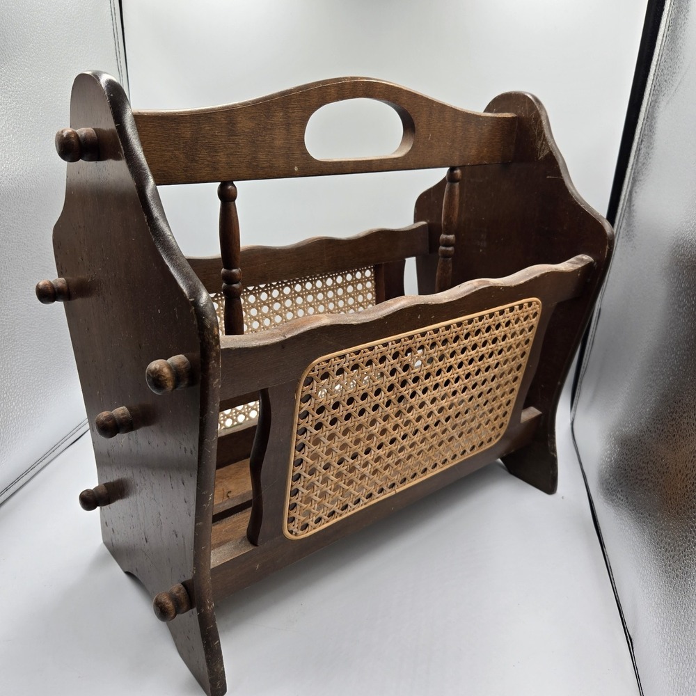 VTG Jay Imports Wood Wicker Rattan Cane Magazine Rack Record‎ Holder Grannycore